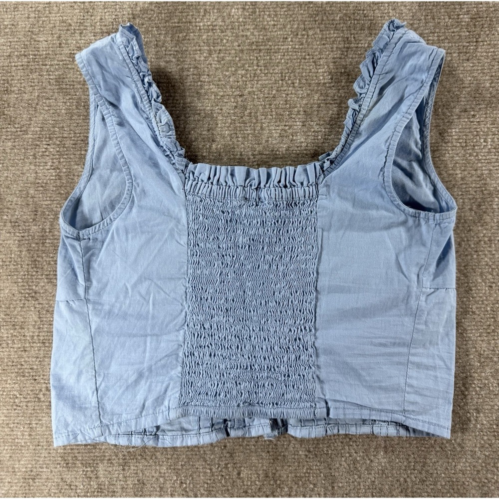 Japna Blue Cotten Cropped Tank Top Ruffle Trim Hook Eye Front Womens Small - Picture 2 of 5